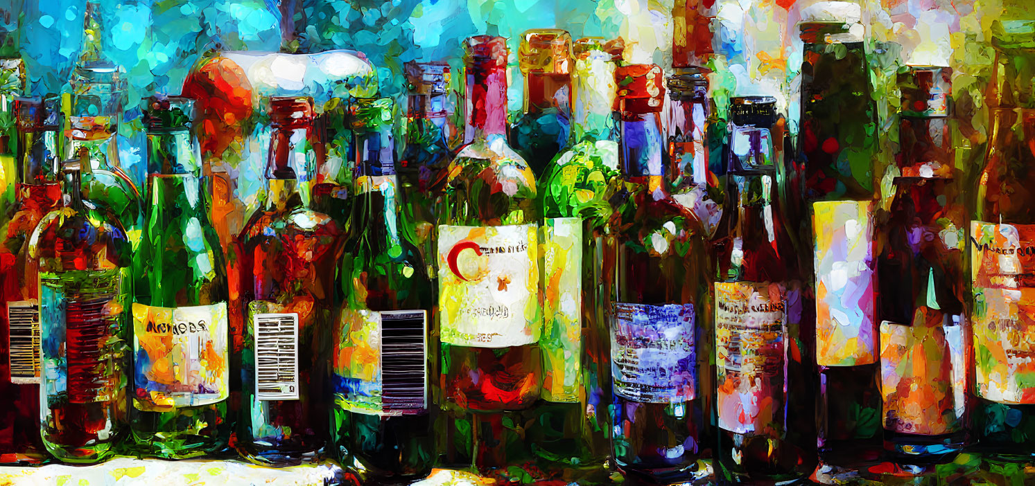 Colorful Impressionistic Painting of Liquor Bottles on Abstract Background