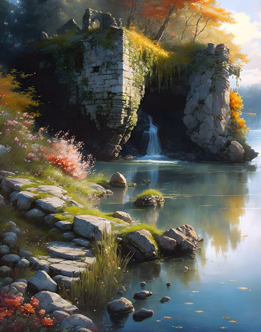 Tranquil lake with old stone structure, waterfall, autumn foliage, and warm sunlight.