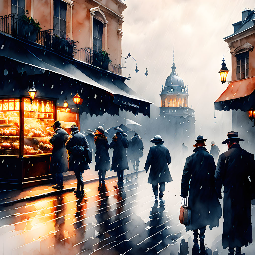 Rainy city street scene with people and umbrellas near a lit-up bakery