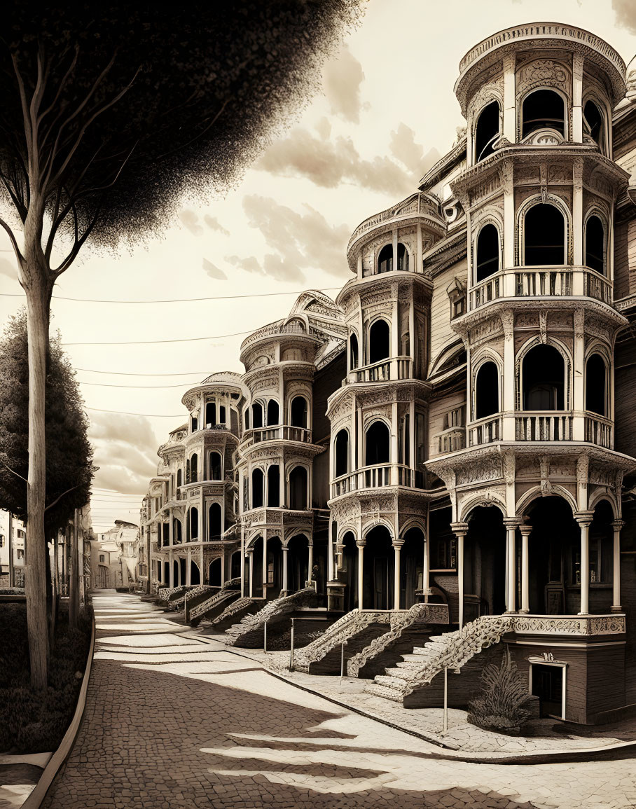 Surreal sepia-toned street with interconnected buildings and impossible staircases