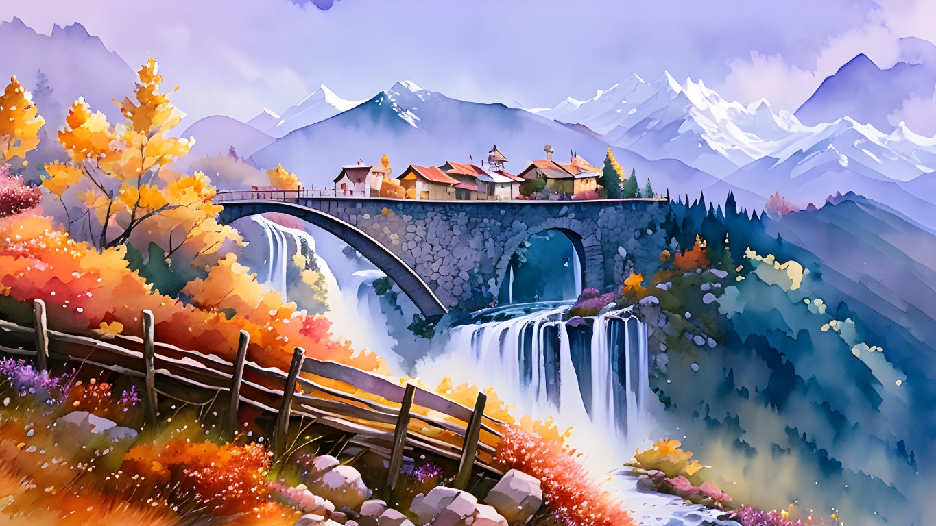 Digital Artwork: Stone Bridge Over Waterfall with Autumn Landscape