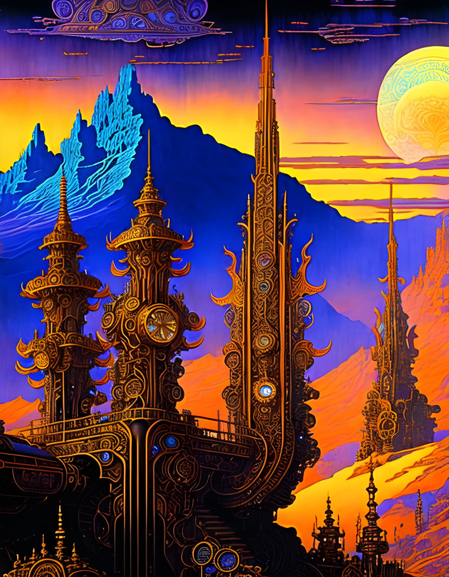 Fantasy landscape with golden spires and flame-like patterns at sunset