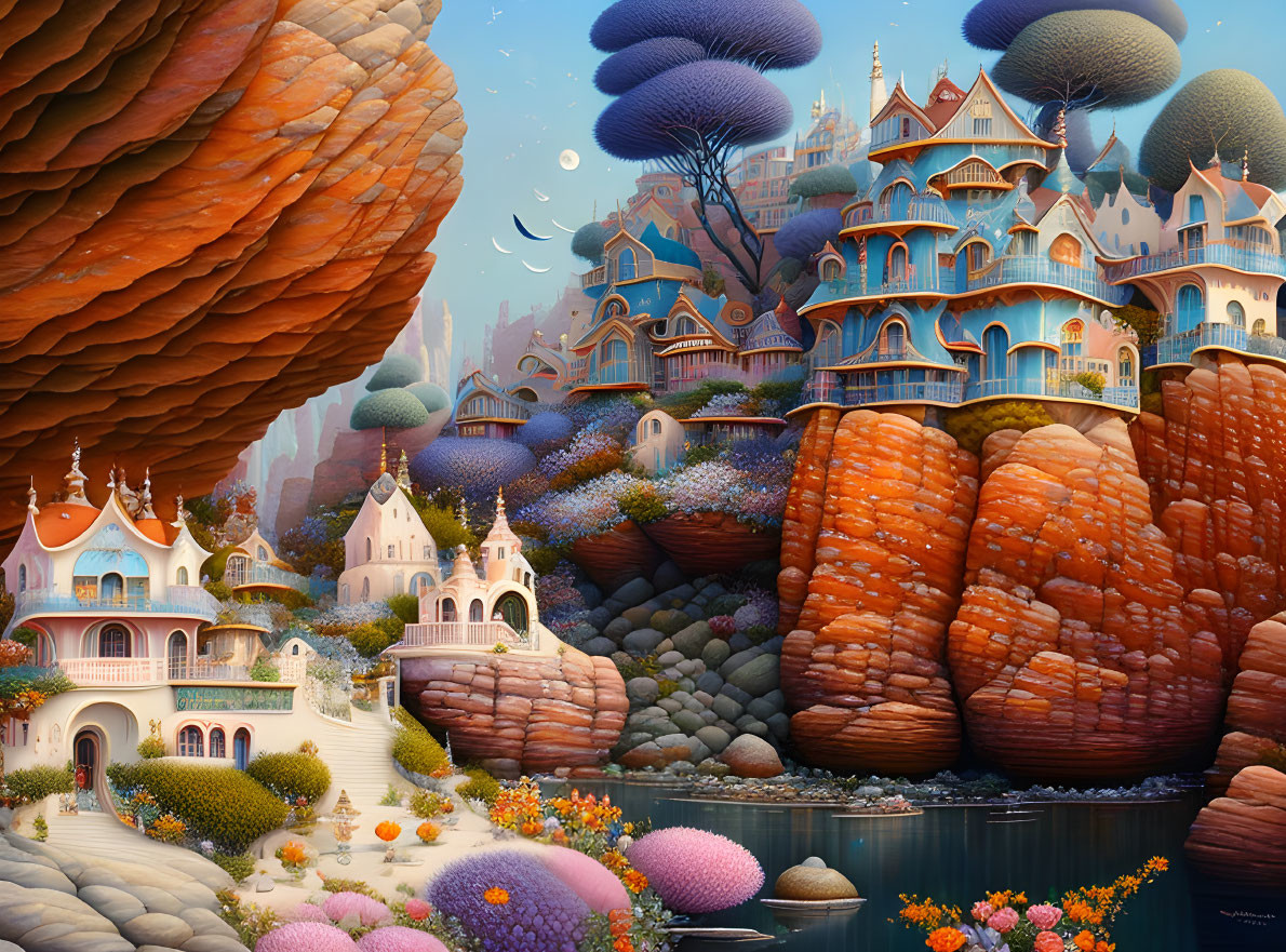 Fantastical landscape with whimsical architecture and floating islands.