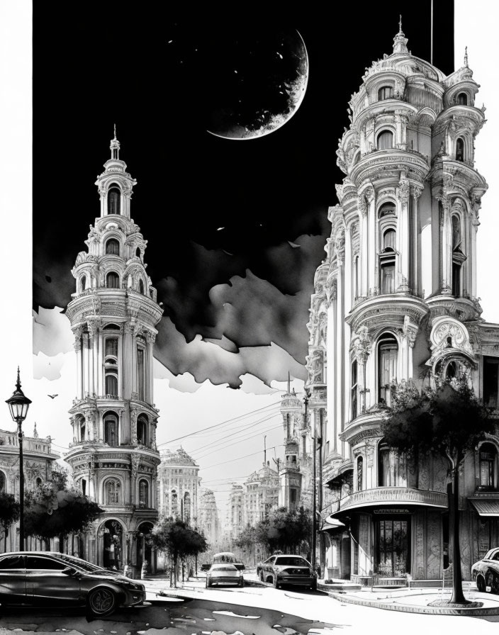 Monochrome cityscape with classic architecture and surreal day-to-night sky