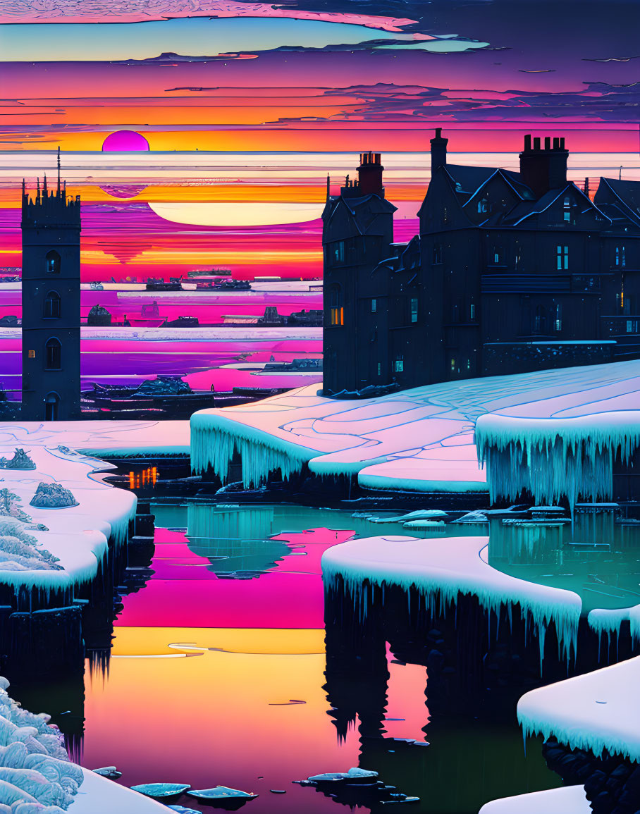 Wintry sunset illustration with pink and purple hues on icy waters