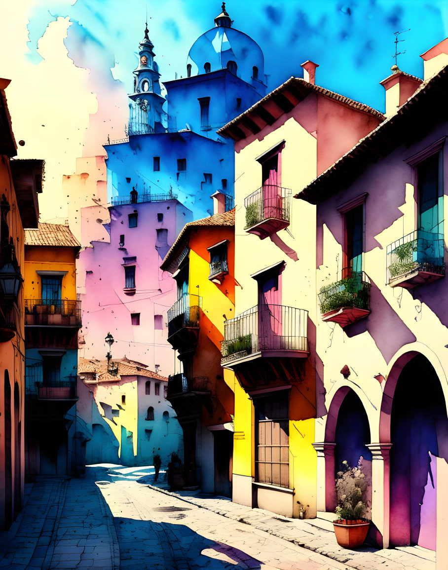 Colorful European Town Street Illustration with Vibrant Buildings