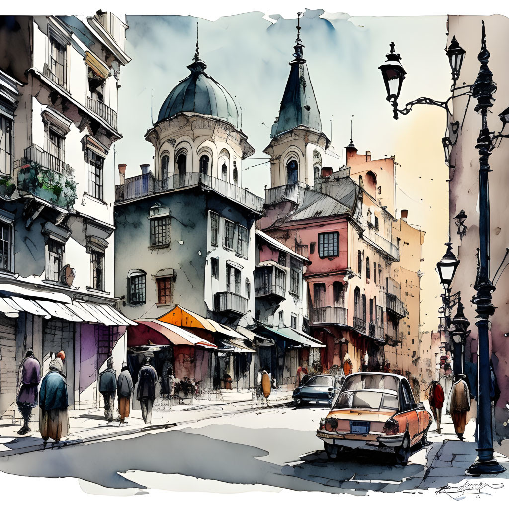 Vibrant watercolor street scene with pedestrians, classic car, and vintage architecture