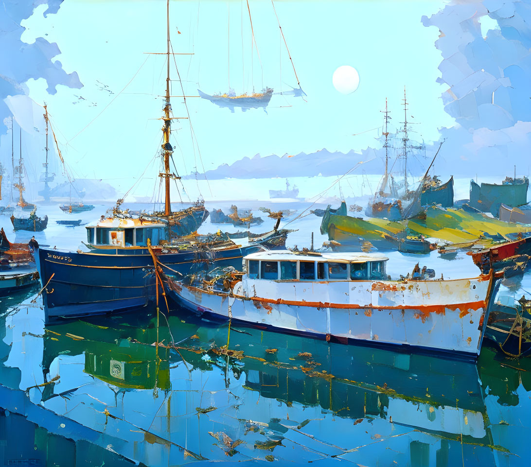 Harbor scene with boats, moon, and clear sky in painterly style