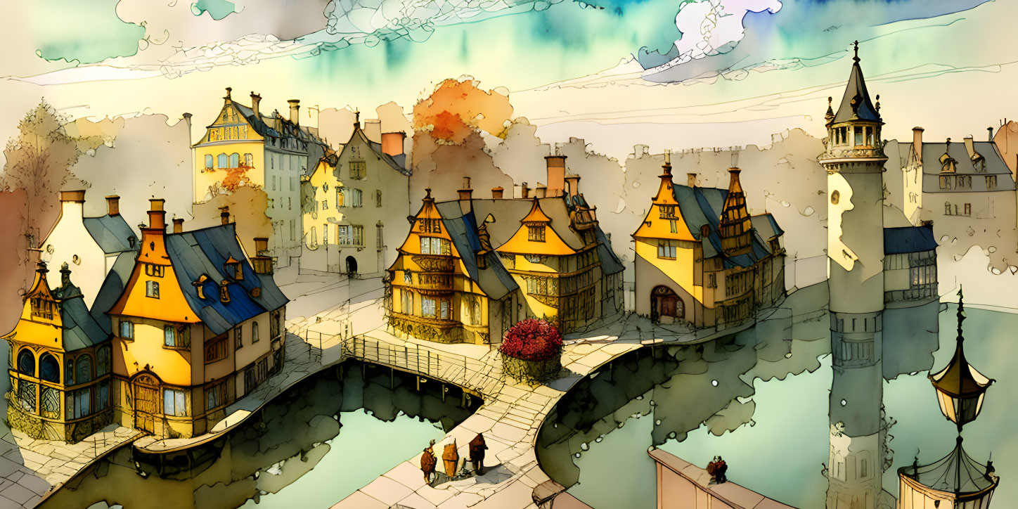 Colorful Illustration of Whimsical Storybook Village