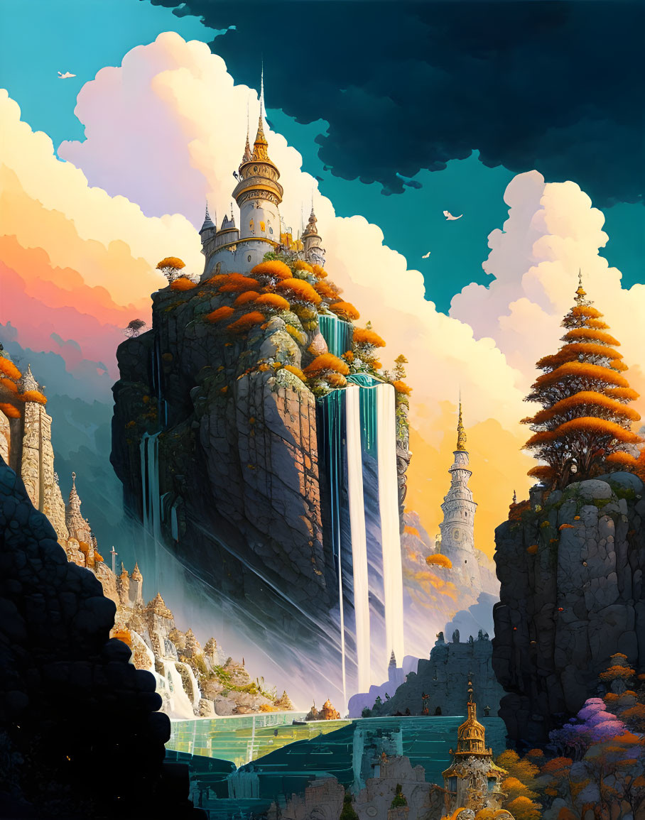 Fantastical castle on cliff with waterfalls amid autumnal trees