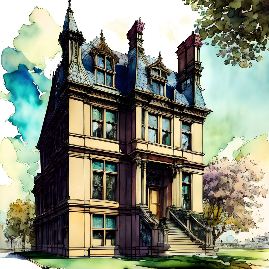 Victorian-style mansion with gables, grand staircase, and whimsical landscaping.