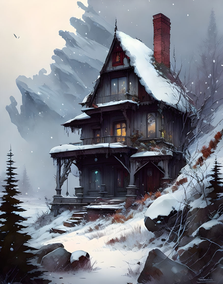 Snowy landscape: Cozy two-story cabin with lit chimney