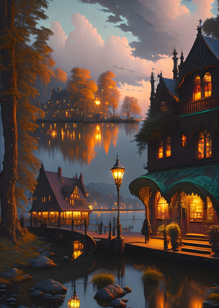 Victorian-style houses by a lake at dusk with tree backdrop