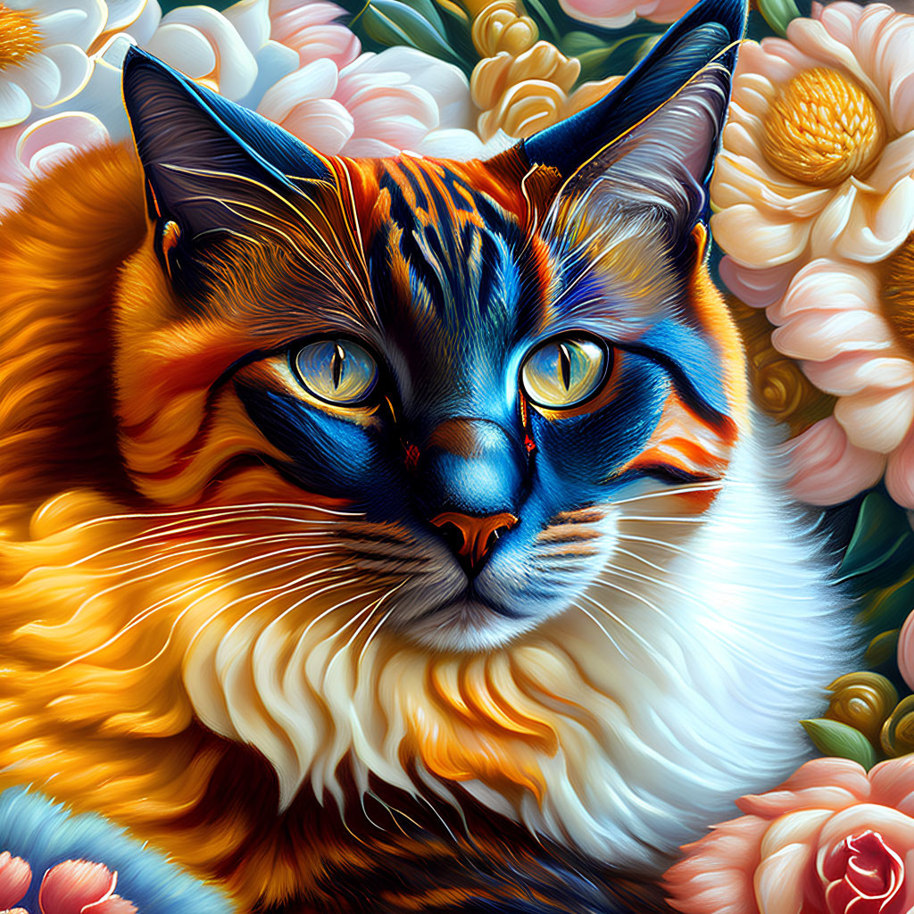 Detailed Multicolored Cat Painting with Blue Eyes & Flowers