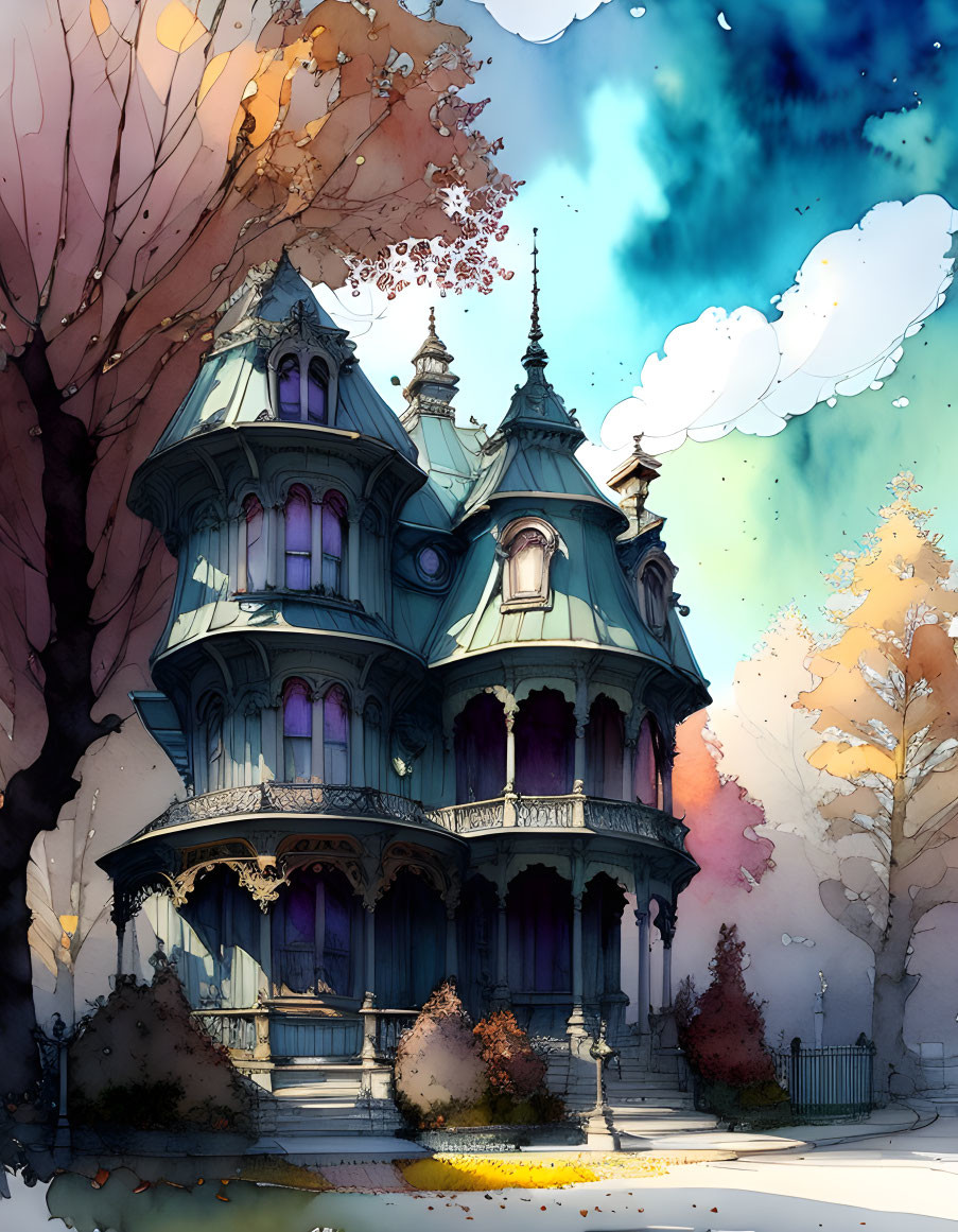 Detailed Victorian-style mansion illustration with autumn trees and vibrant sky