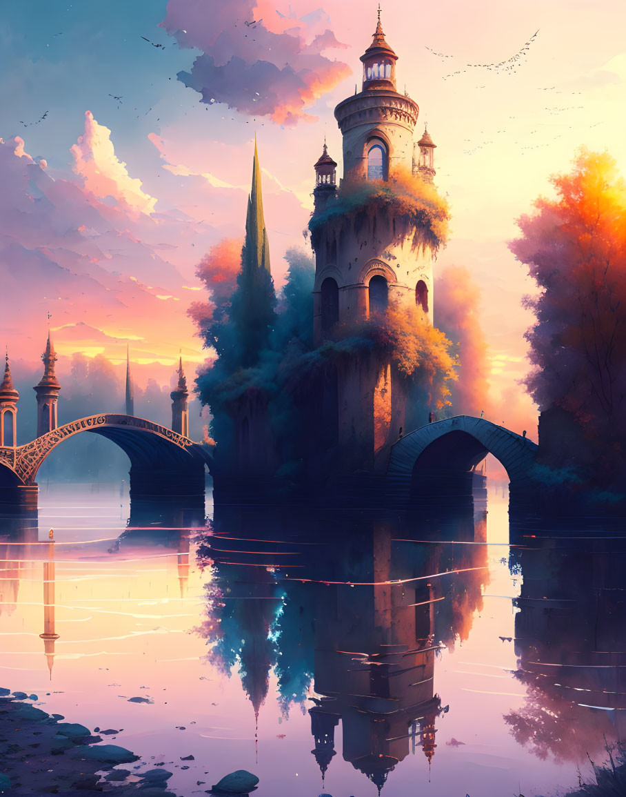 Fantastical scene: Ivy-covered tower, reflective lake, arched bridge under colorful sunset.