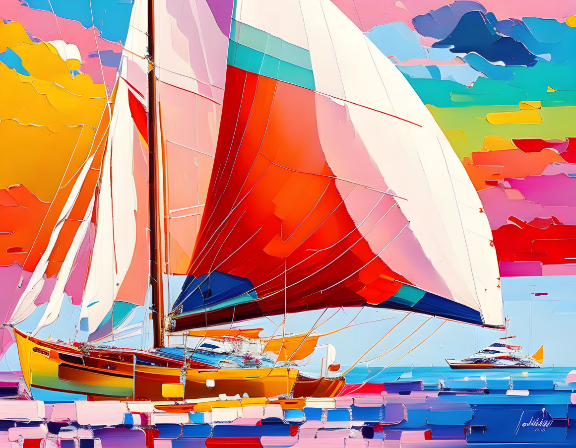 Colorful Sailboat Painting with Red and White Sails on Calm Sea