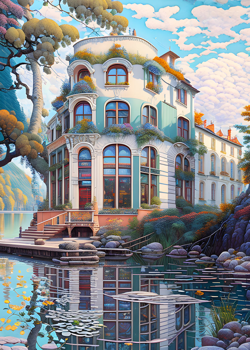 Multistory pastel house painting with lush landscape