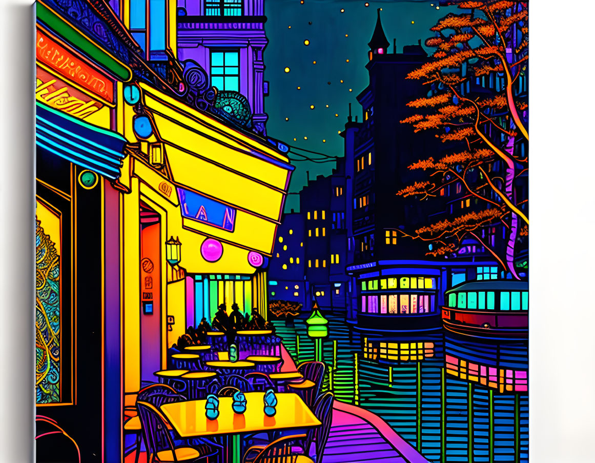 Colorful Stylized Artwork: Street Café by Canal at Night