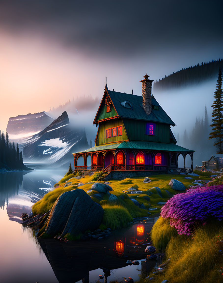 Tranquil twilight landscape with green-roofed house by lake, mountains, rocks, and mist