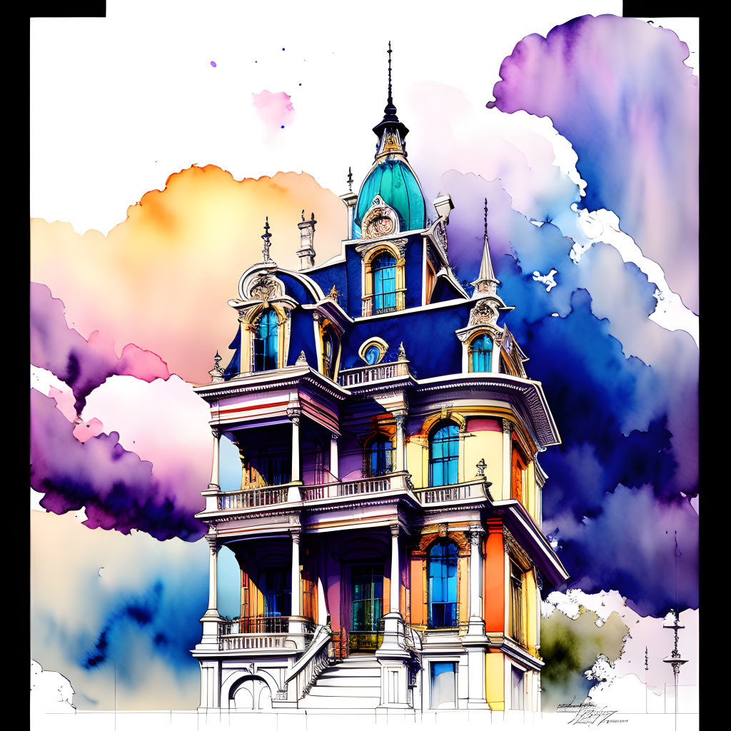 Detailed Victorian-style building illustration with colorful, whimsical background.