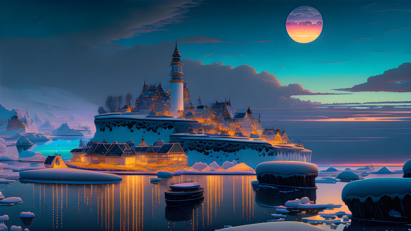 Lighthouse on iceberg with illuminated structures in moonlit twilight