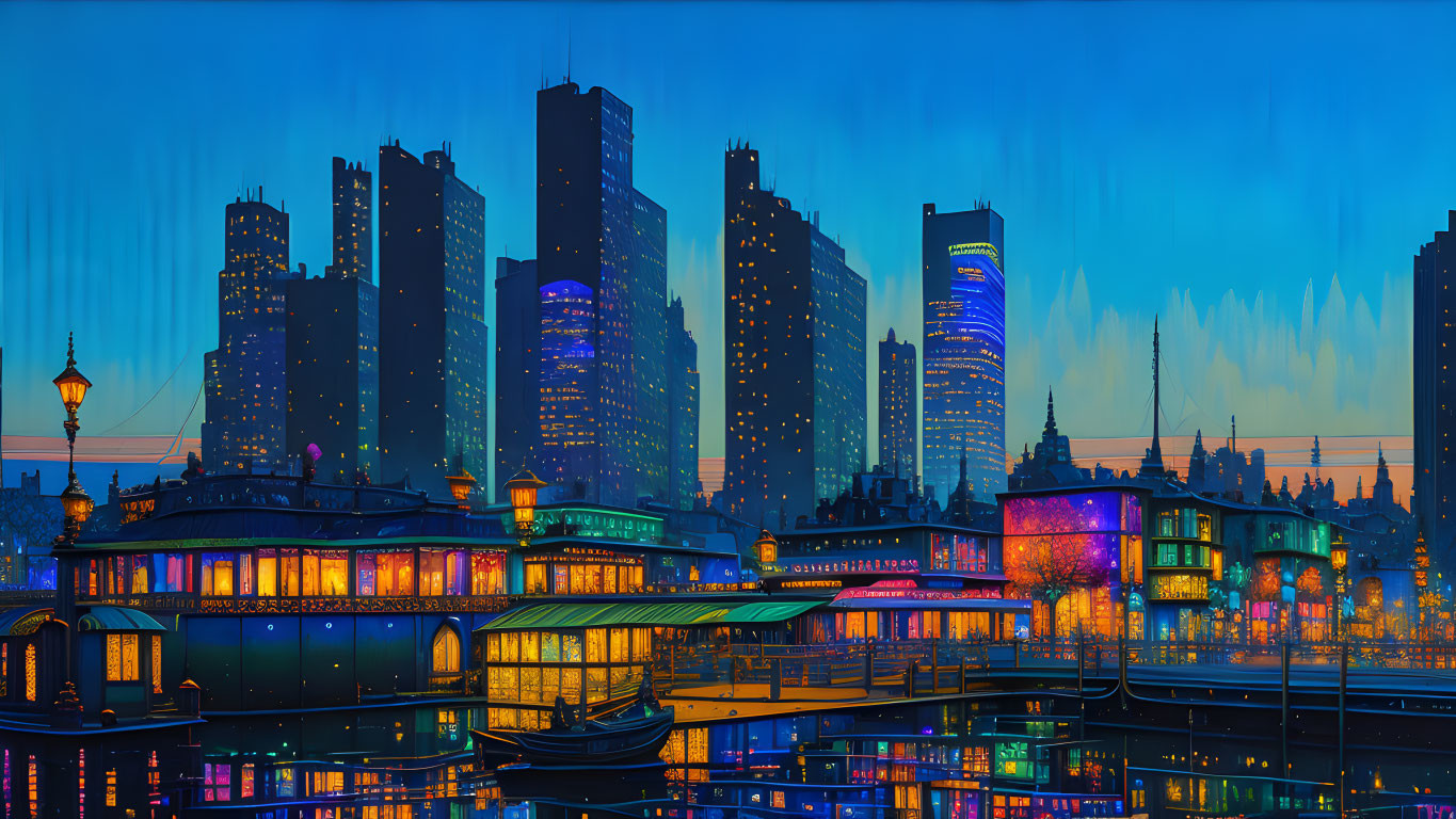 Cityscape at Twilight with Illuminated Buildings, Water Reflections, Boat, and Lamppost