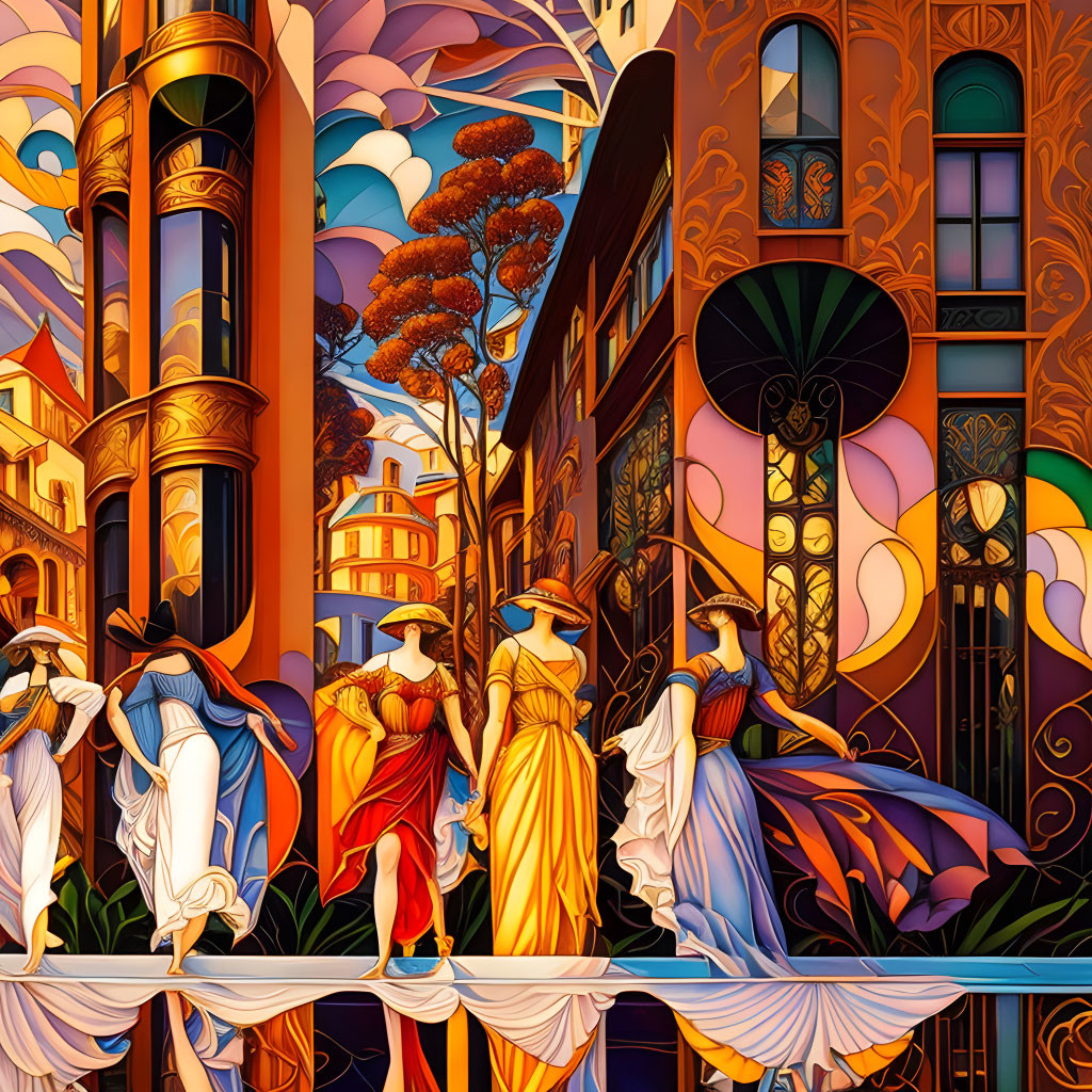 Classical figures in flowing robes in ornate architectural setting with autumnal hues and Art Nouveau influences