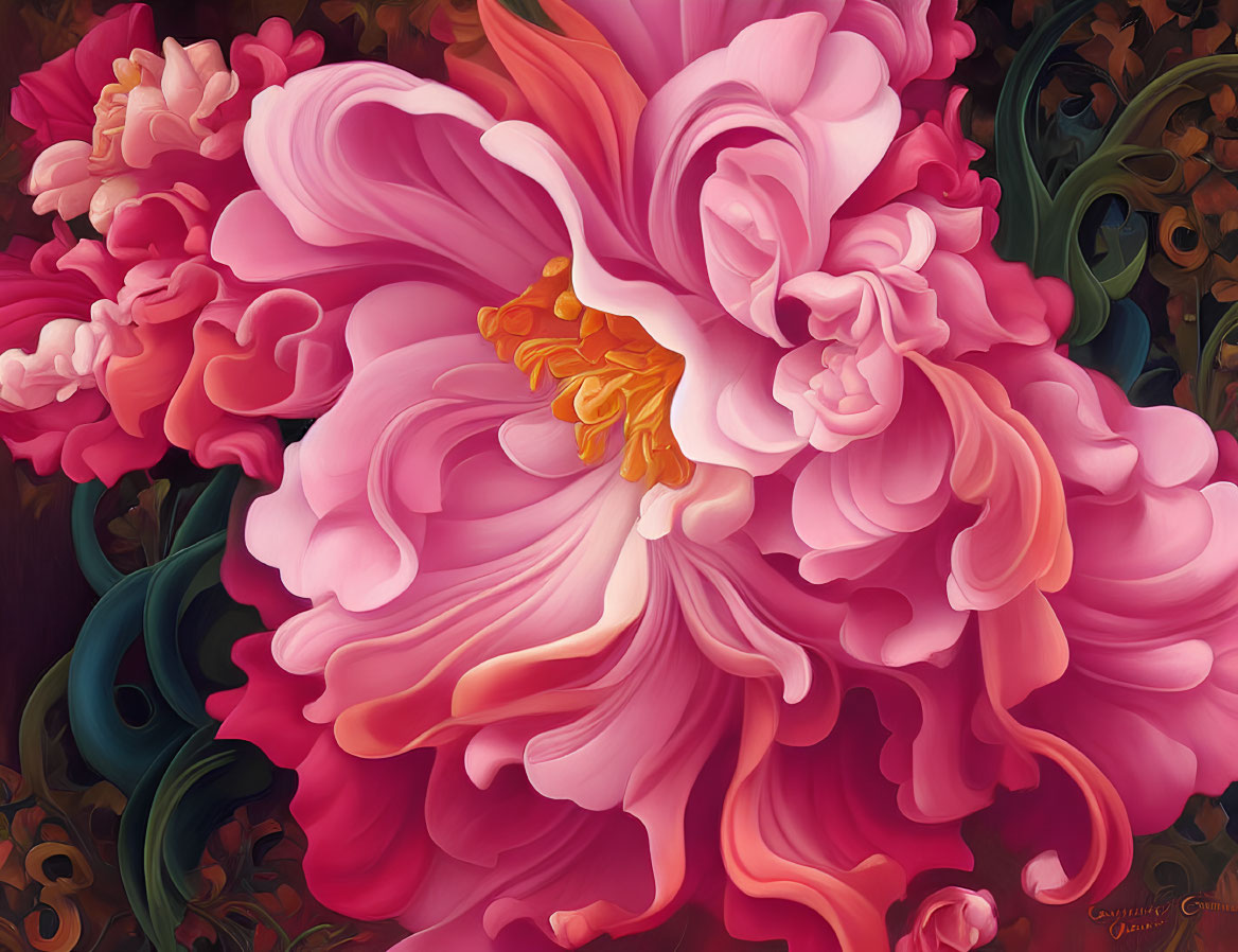 Detailed close-up painting of a vibrant pink peony on a dark ornate background