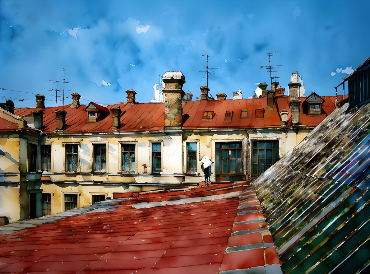 Digital watercolor painting of charming historical building rooftops and blue sky