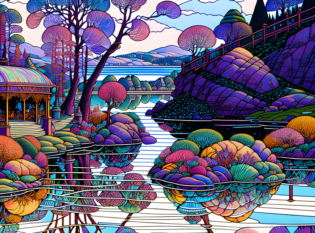 Colorful Stylized Illustration of Fantastical Landscape