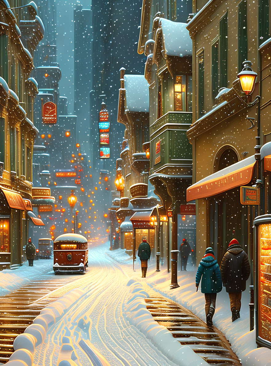 Snow-covered street scene with vintage car and pedestrians at night