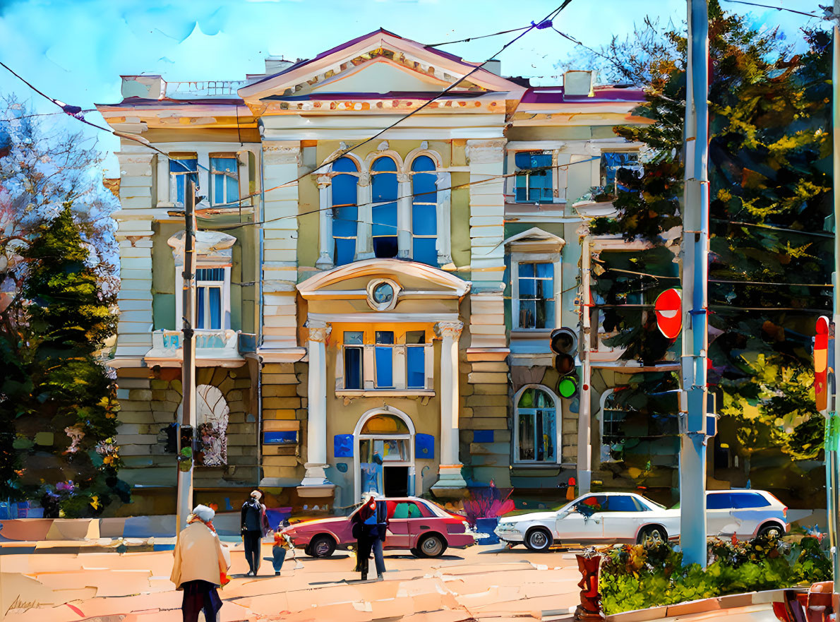 Colorful painting of classic building with pedestrians and cars under blue sky