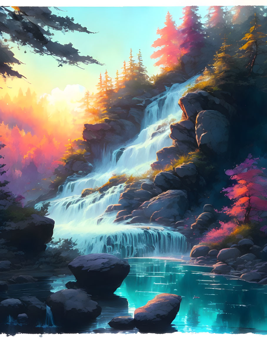 Colorful forest waterfall with sunlight and tranquil pool