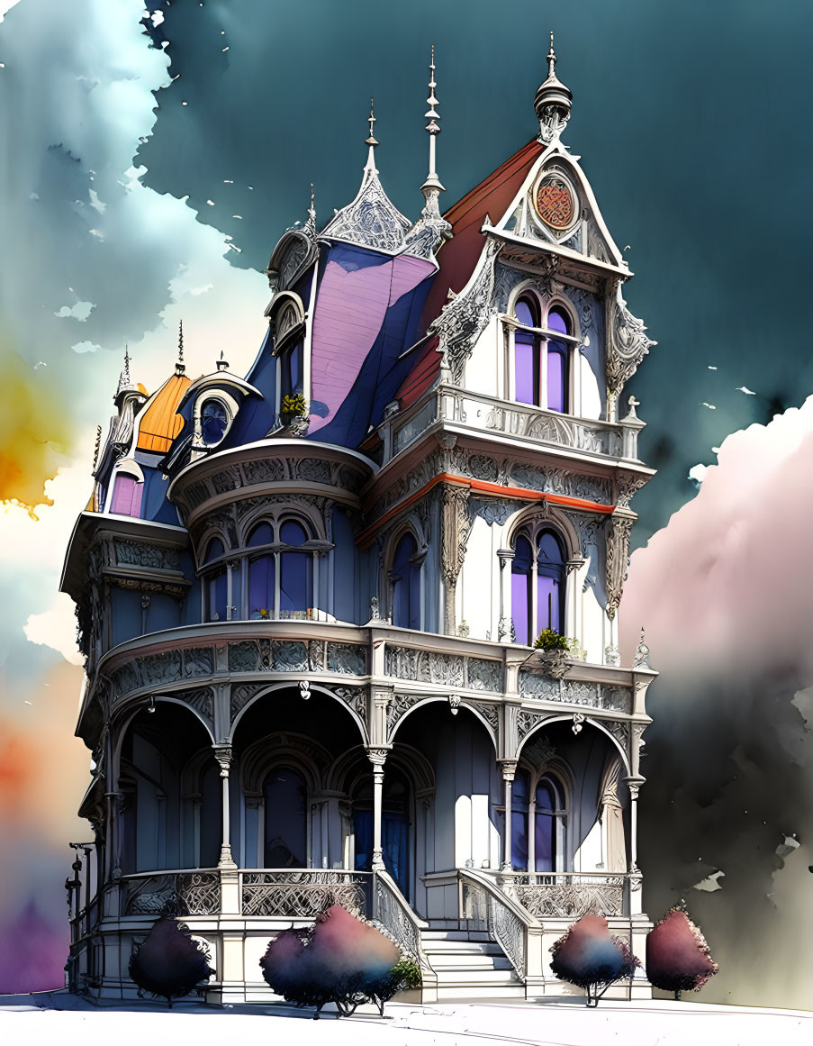 Victorian-style house with colorful roofing and grand balcony against cloudy sky