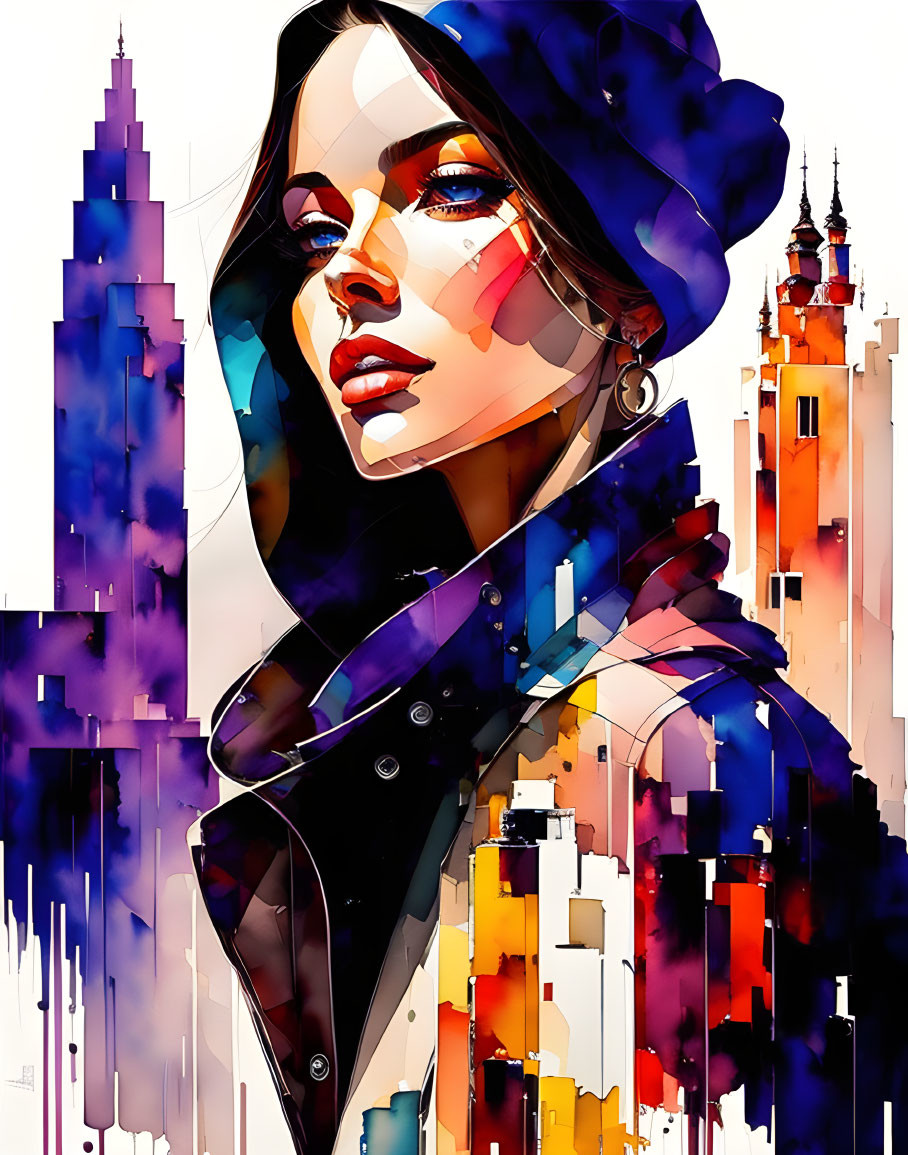 Colorful digital illustration: Woman in beret with abstract cityscape background