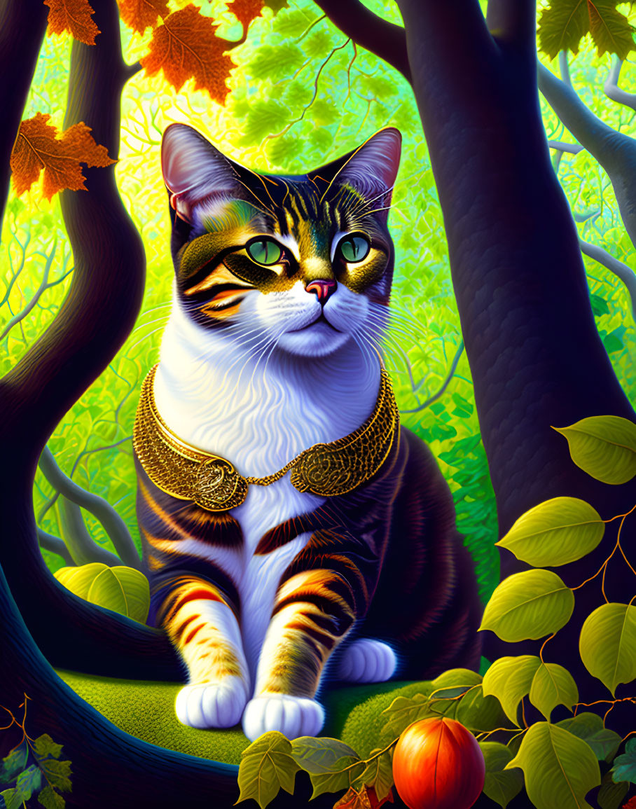 Colorful Cat Portrait in Lush Forest Setting with Red Apple