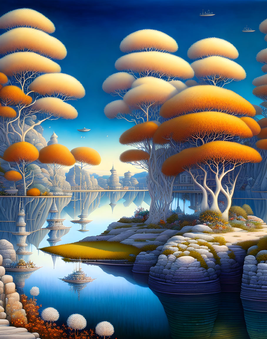 Vibrant fantasy landscape with orange mushroom trees, towering rocks, calm waters, and floating ships