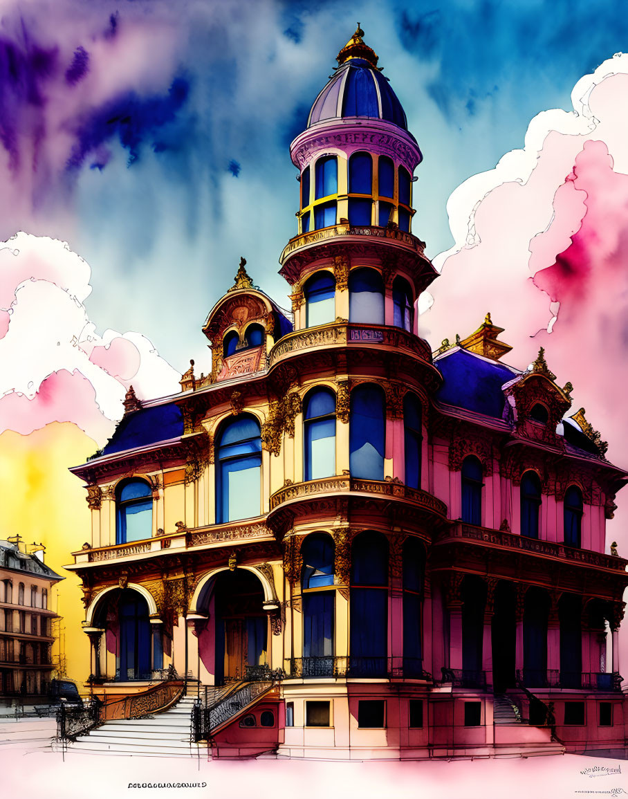 Detailed illustration of grand Victorian building with turret against stylized clouds