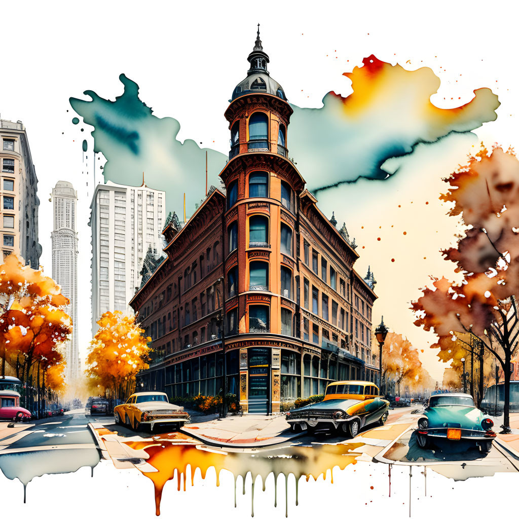 Colorful autumn cityscape with flatiron building and vintage cars.