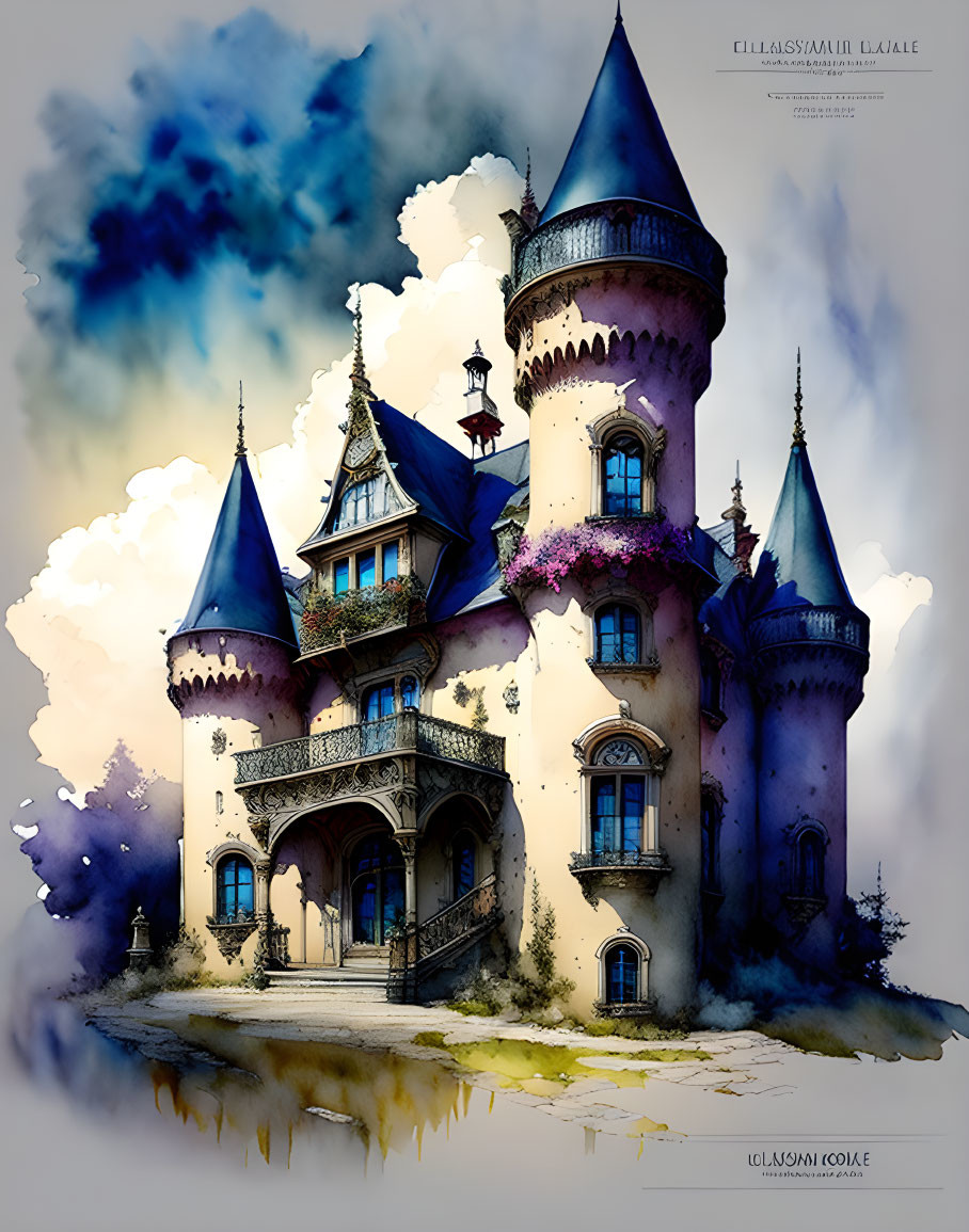 Fantasy castle with spires and turrets in vibrant, ethereal clouds