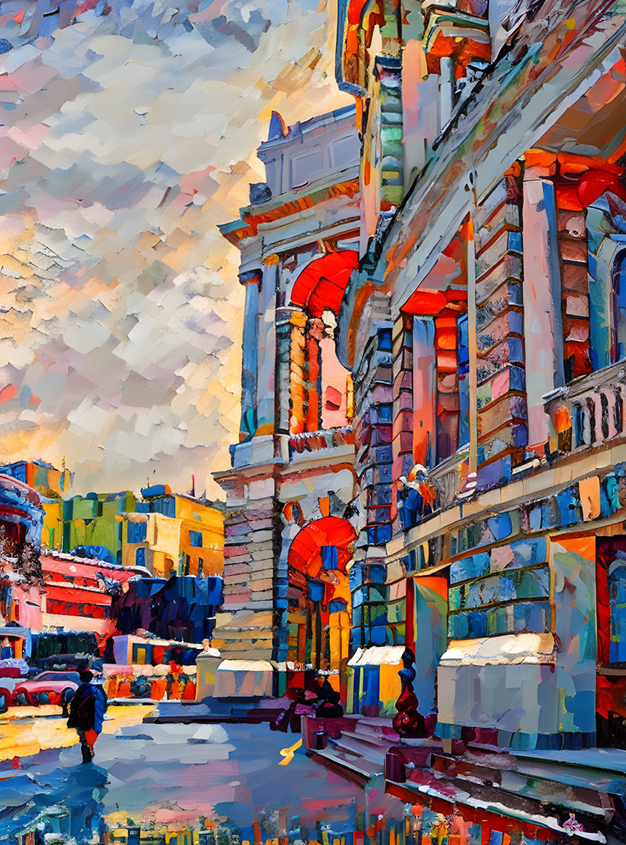 Vibrant impressionistic painting of a street scene with dramatic sky