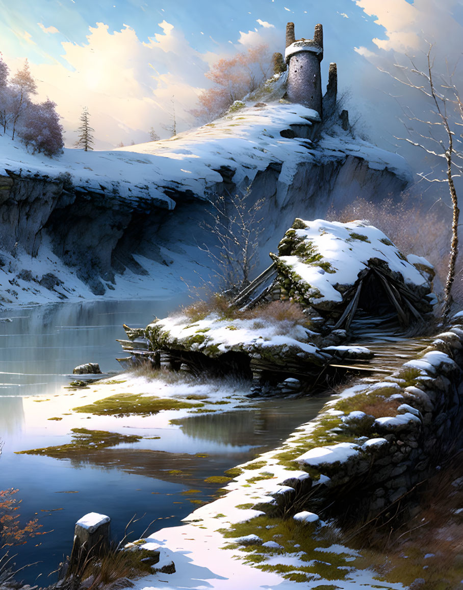 Snow-covered winter scene: serene lake, pathway, ancient tower, cliff, soft sunlight