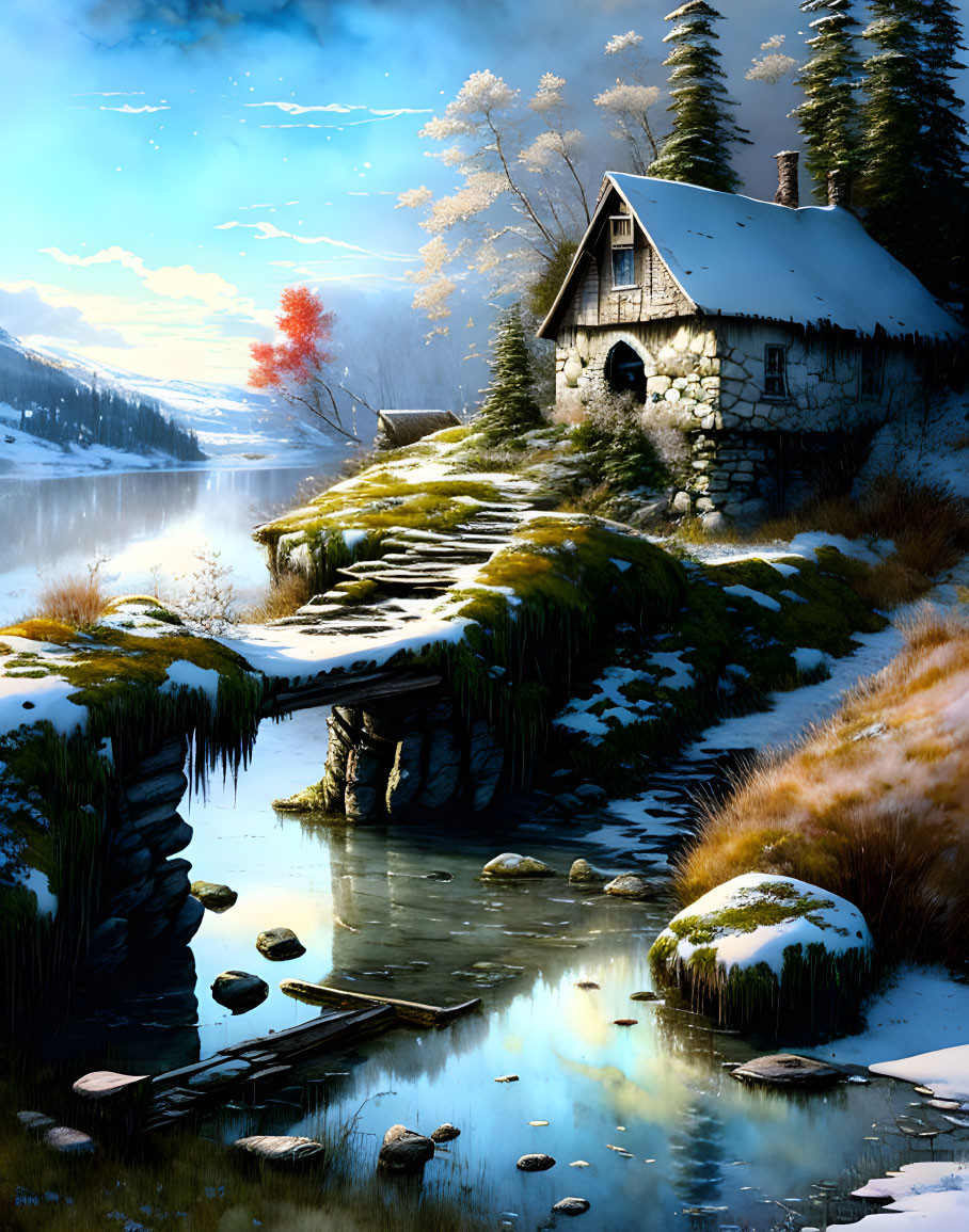 Snow-covered cottage by river at sunrise in serene winter landscape