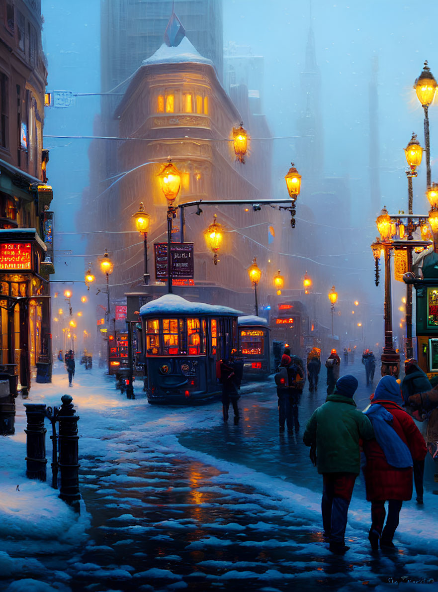 Winter cityscape with vintage tram, pedestrians, glowing lamps, and snowfall