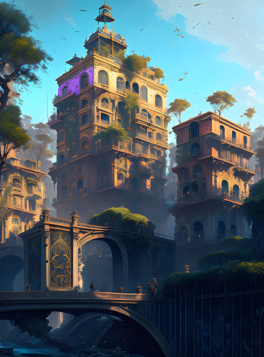 Fantastical multi-storied building with lush vegetation and ornate balconies against a hazy