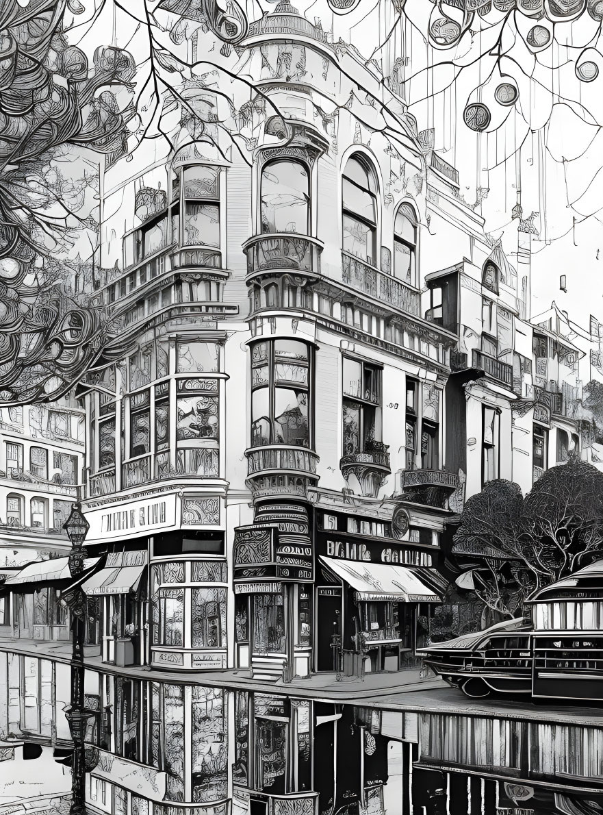 Detailed Vintage Corner Building Illustration in Black and White