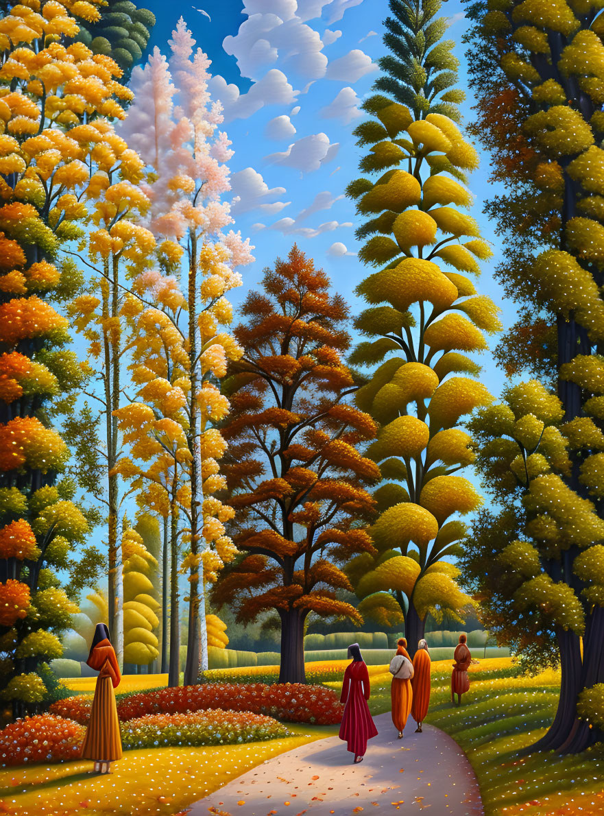 Colorful Whimsical Forest Painting with Robed Figures