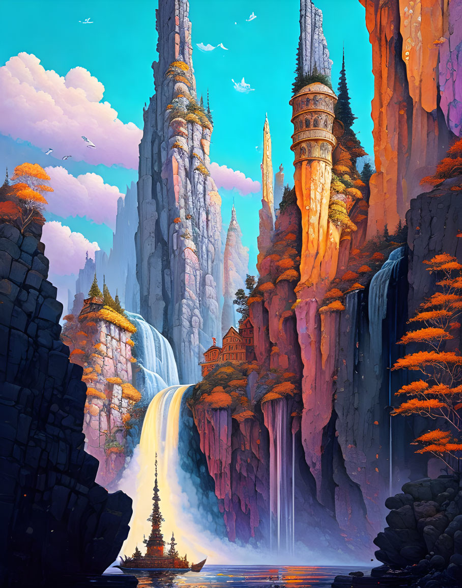 Fantastical landscape with cliffs, waterfalls, castle, trees, and vibrant sky