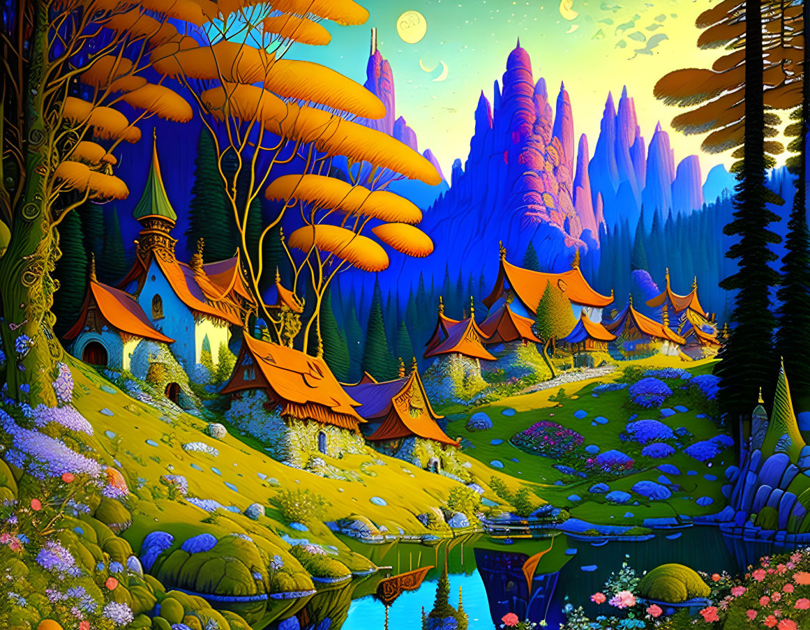 Colorful Fantasy Landscape with Whimsical Structures, River, Trees, and Starry Sky